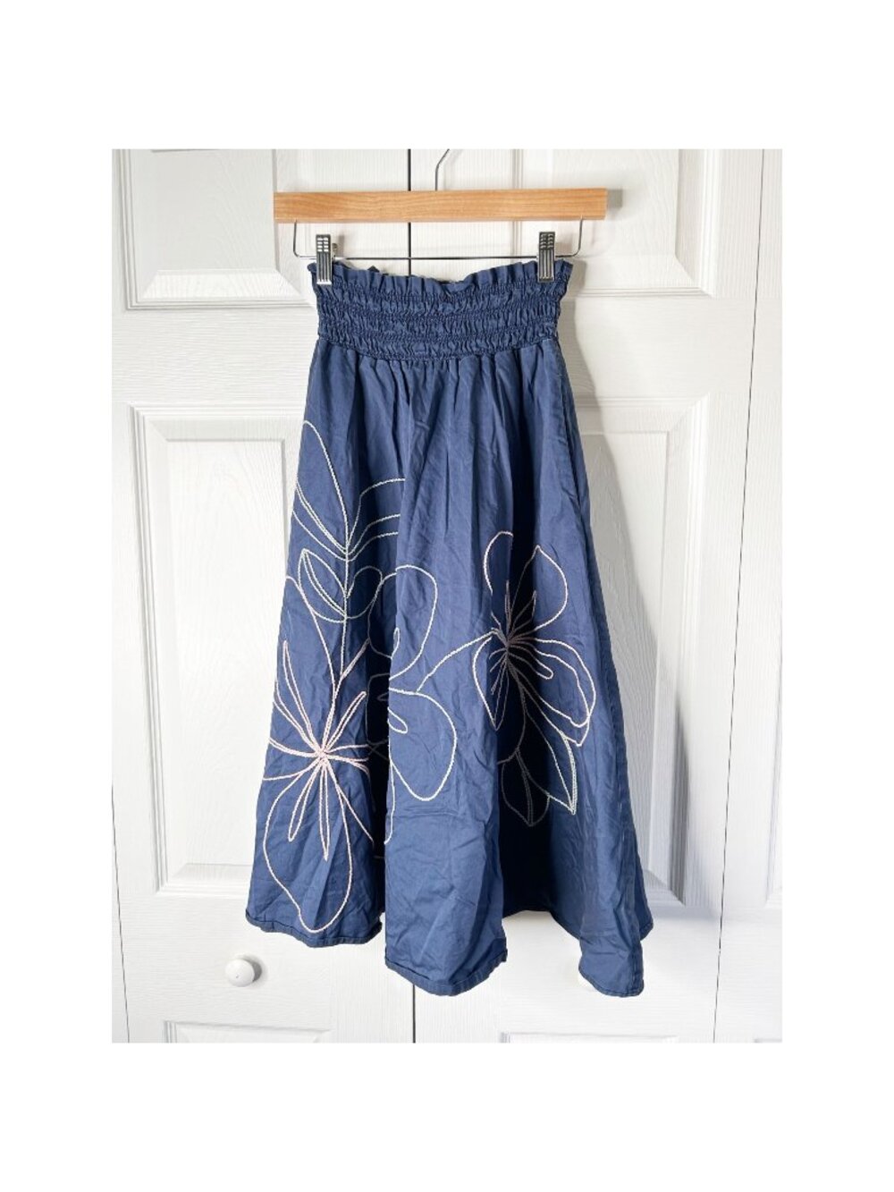 Parker Wen Navy Blue Smocked Waist Embroidered A-Line Skirt Women's Size X-Small
